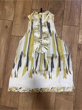BCBG Maxazria Sleeveless Ruffle Front Stripe Print Top - Yellow/Gray/White